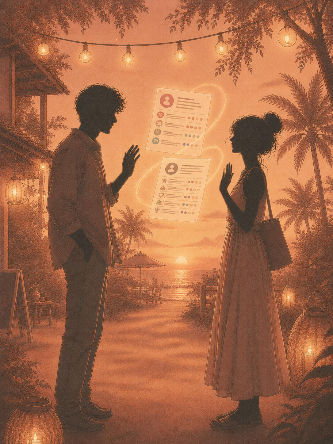 A male and female silhouette meeting for the first time in a warm tropical setting, with soft glowing report pages floating between them, representing the moment a Mind Modes® Matchmaking introduction becomes real.