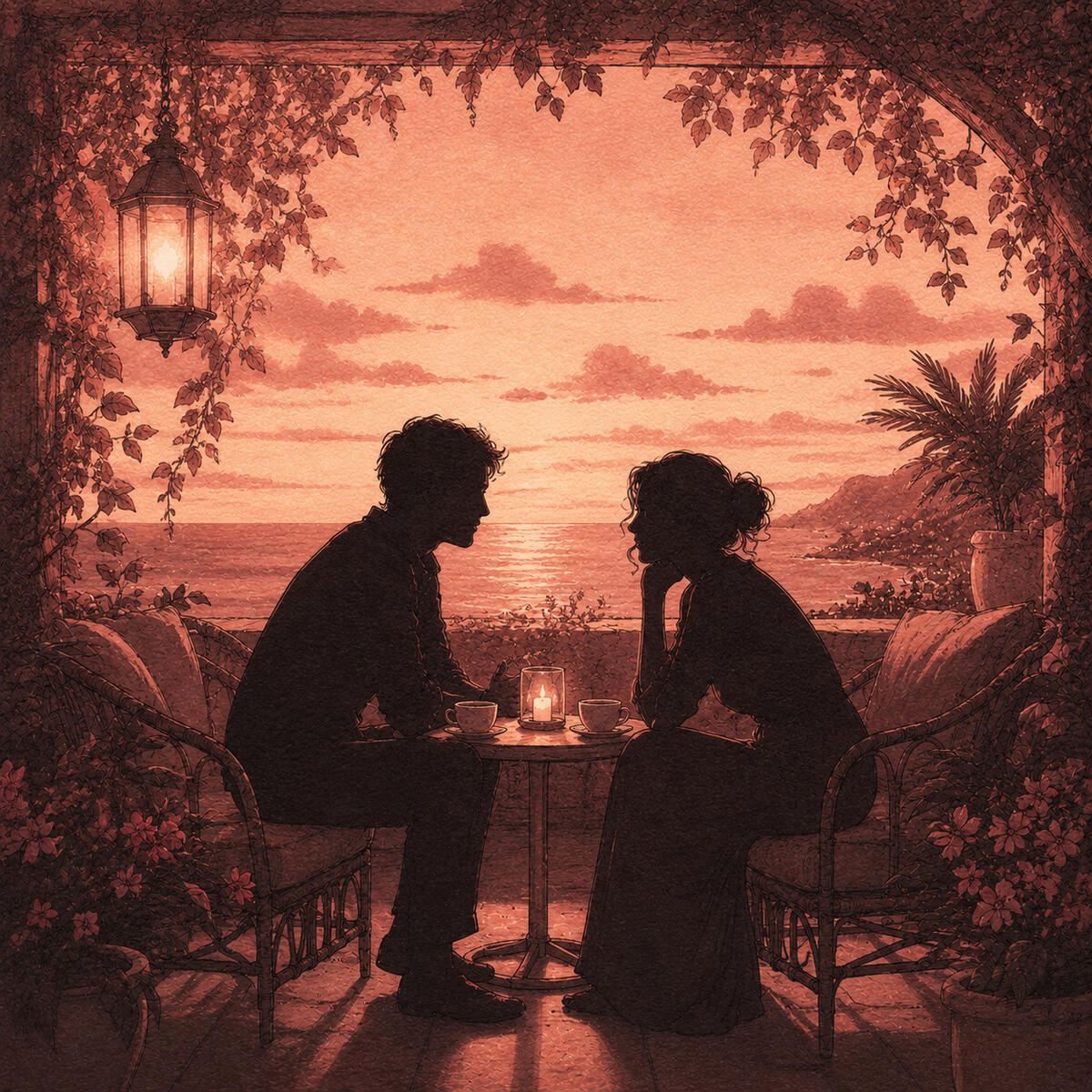 Two silhouette figures in deep conversation on a quiet terrace, representing the intimacy of being truly understood by someone.