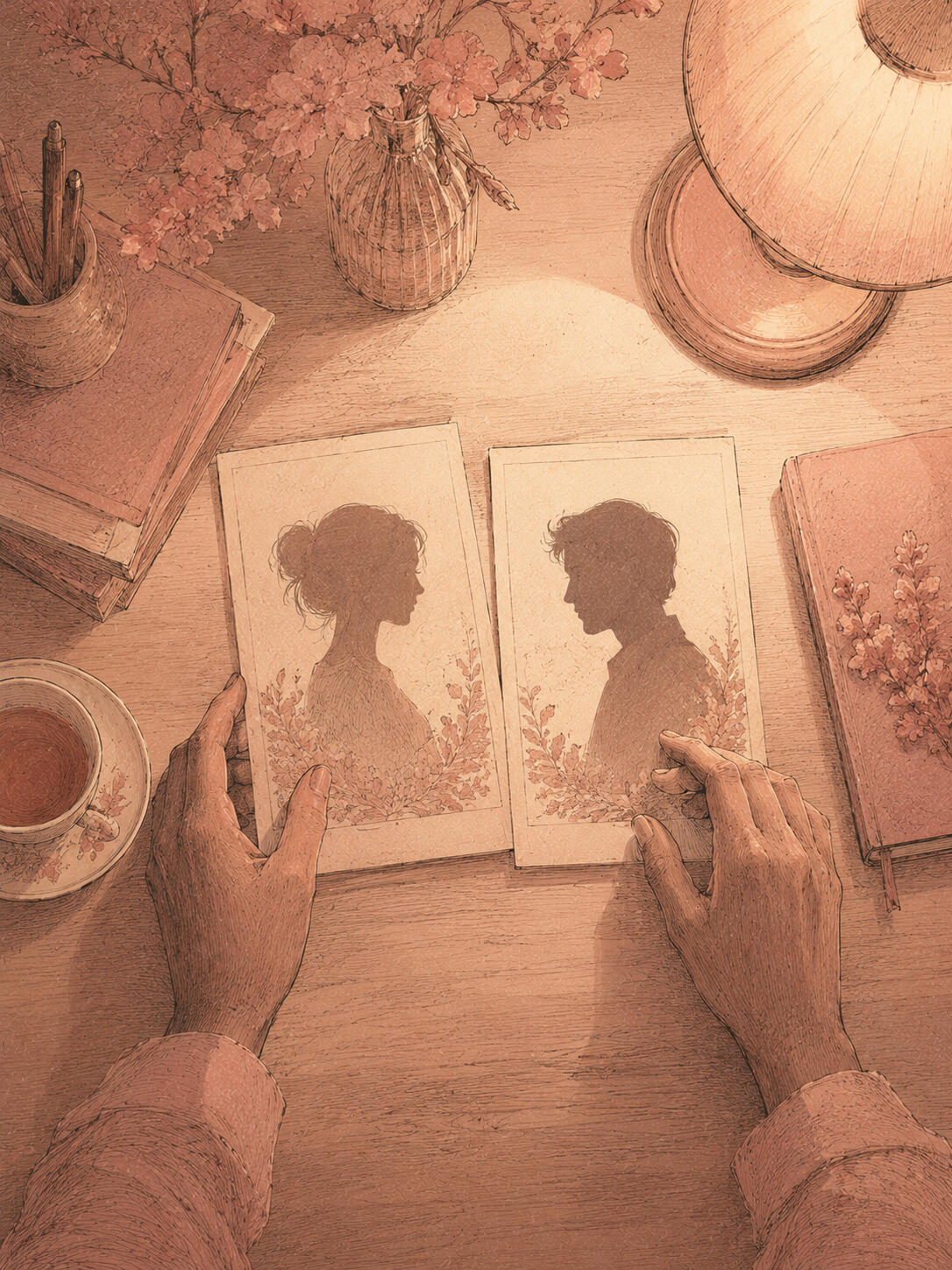 A pair of hands carefully reviewing two profile cards on a desk under warm lamp light, representing the personal human review process behind every match.
